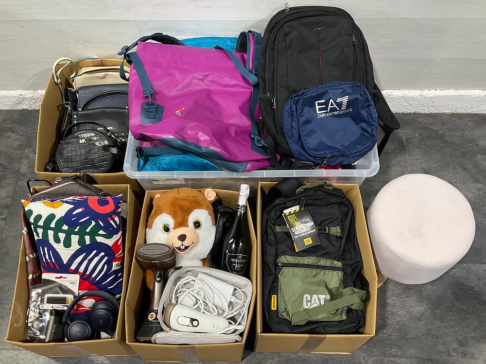 Lot 110: * 4 Cartons & A Large Crate Containing Assorted Household Goods including Handbags and Caterpillar Backpack