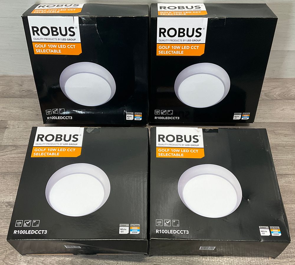 Lot 114: * 4 Boxed ROBUS R100LEDCCT3 Golf 10W LED CCT Selectable Light Fittings