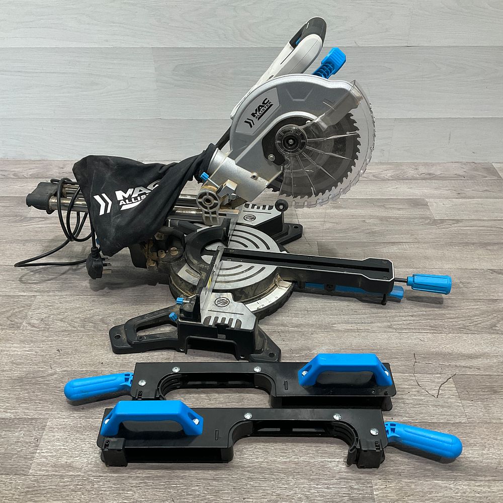 Lot 116: Mac Allister MMIS210S-B Sliding Mitre Saw with Extension Supports