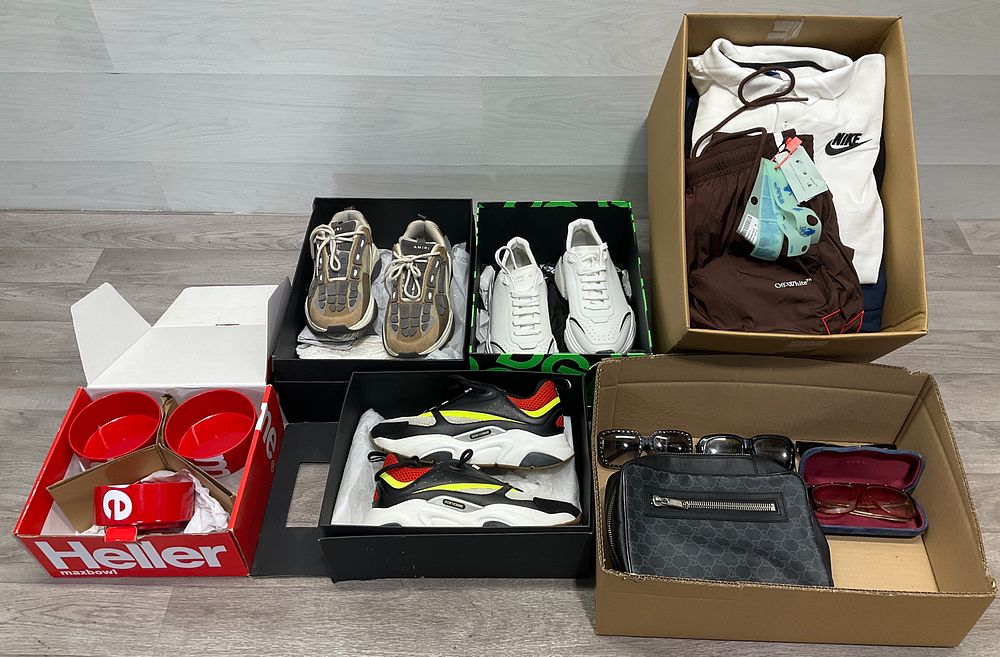 Lot 120: * 3 Cartons Containing An Assortment of Household Goods including Amiri Bone Runner Sneakers and Dior Homme B22 Sneakers