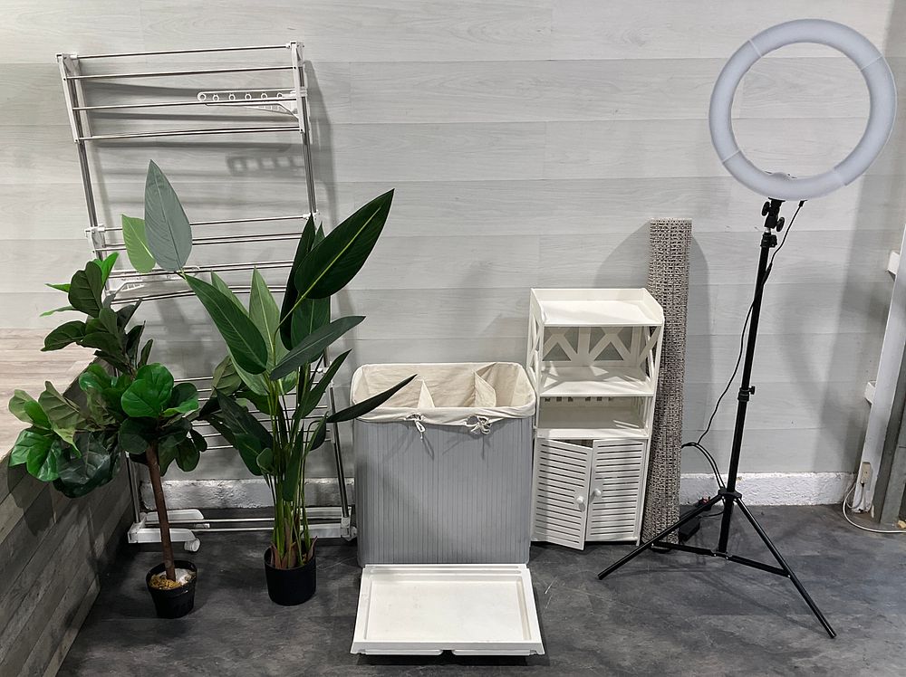 Lot 128: * An Assortment of Household Goods including Storage Cabinet, Laundry Airer and Professional Ring Light