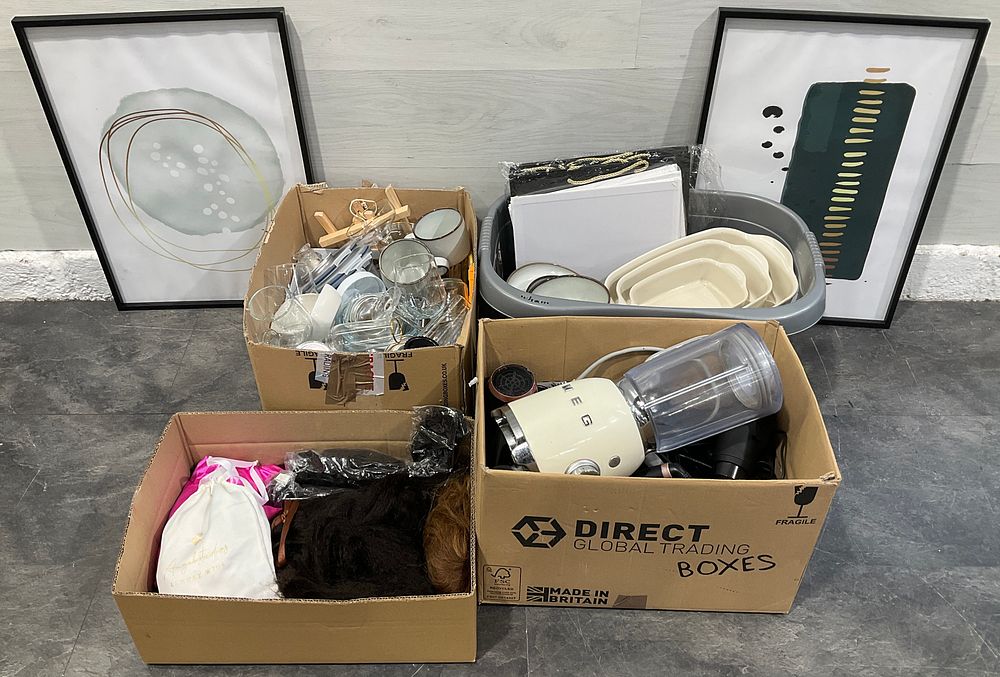 Lot 132: * 3 Cartons and a Laundry Basket Containing An Assortment of Household Goods including Smeg Blender and Angelstudios Wigs