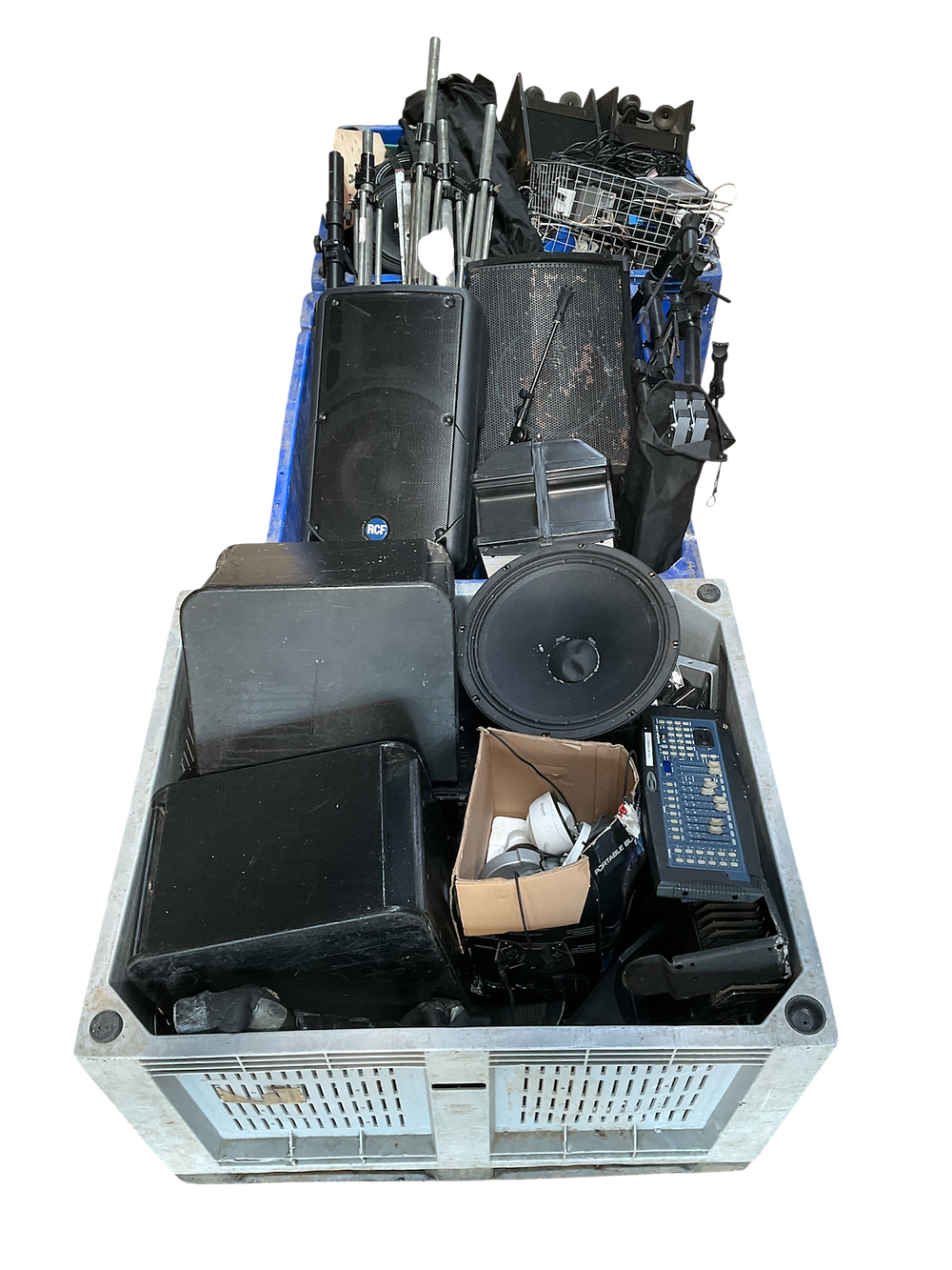 Lot 136: * 3 Plastic Pallet Boxes Containing An Assortment of Professional Audio, Lighting & Security Equipment including RCF PA Speaker and Showtec Scanmaster - PLASTIC PALLET BOXES NOT INCLUDED