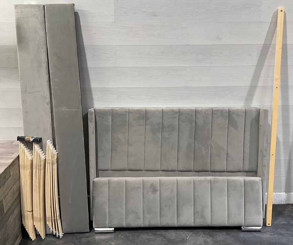 Lot 138: * An Upholstered Grey Velvet Wingback Kingsize Bed Frame