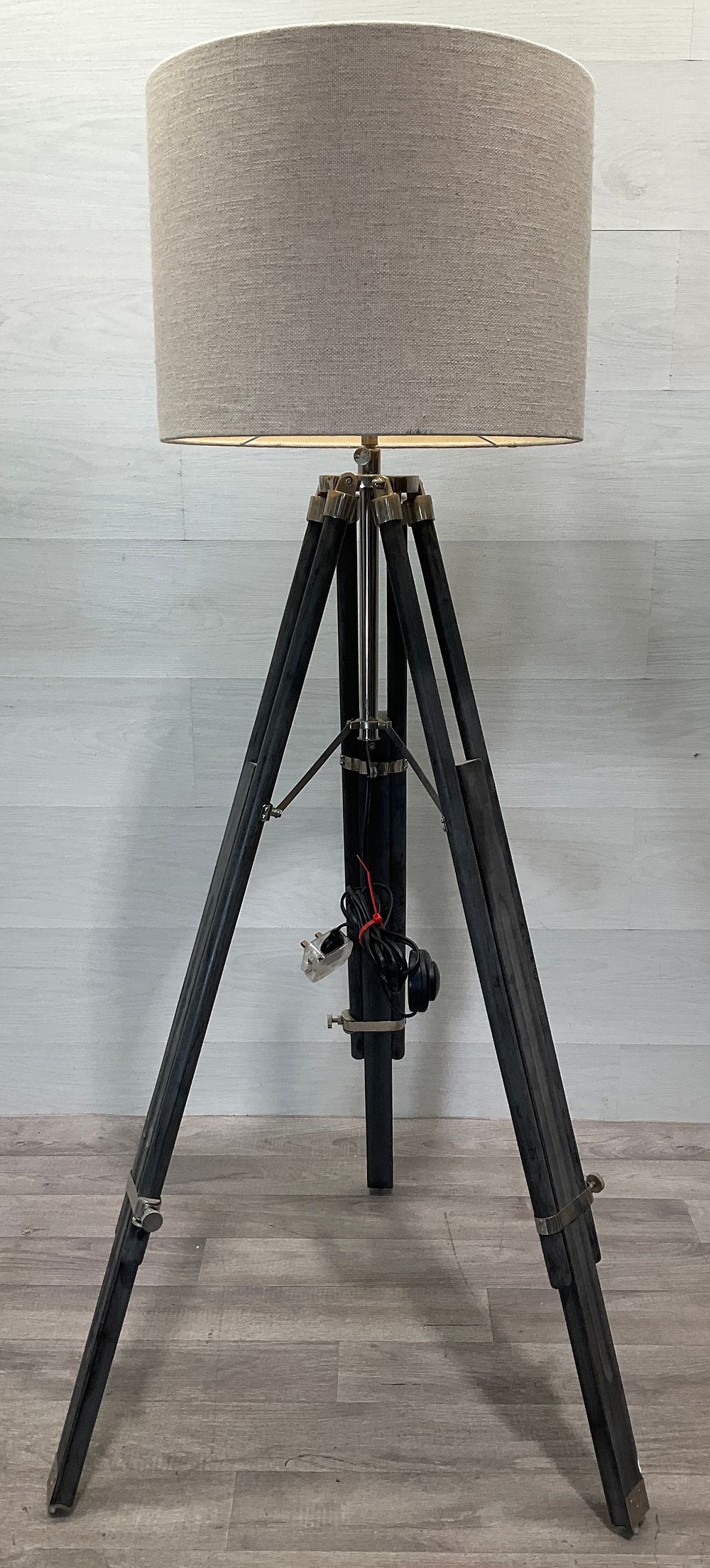 Lot 139: * A Tripod Floor Lamp with Adjustable Wooden Legs and Fabric Drum Shade