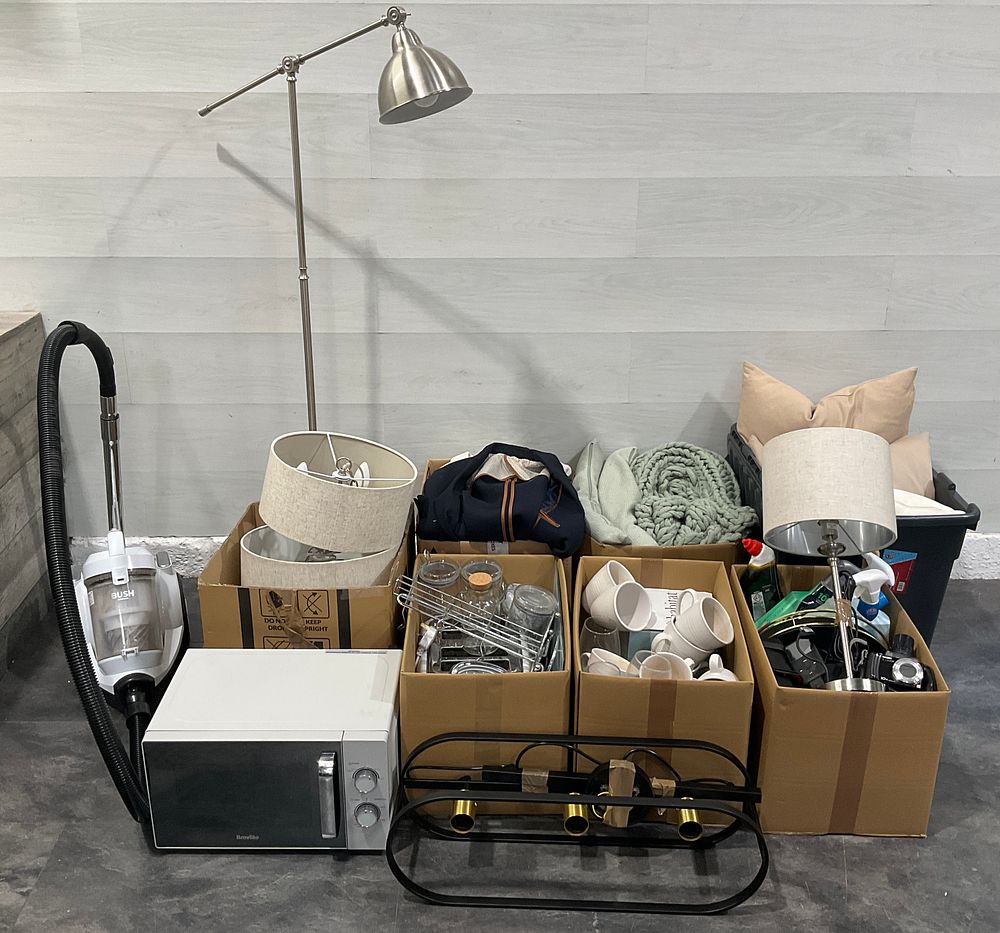 Lot 140: * An Assortment Of Loose Items, 6 Cartons and a Crate Containing Household Goods including Breville Microwave and Bush Vacuum Cleaner