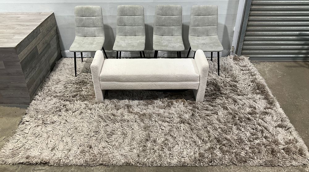 Lot 141: * A Set of Four Upholstered Dining Chairs, a Modern Boucle Bench and a Shag Pile Area Rug