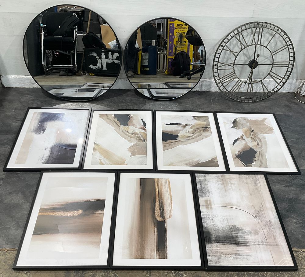 Lot 142: * A Collection of Assorted Contemporary Wall Decor Including Framed Prints, Mirrors and a Skeleton Wall Clock