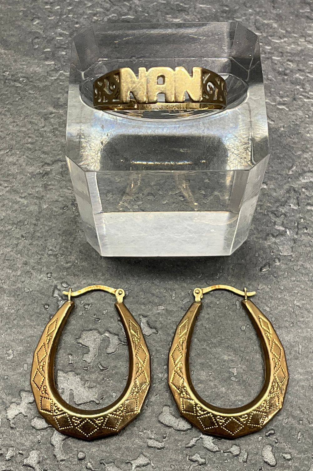 Lot 1: * A Pair Of 9ct Yellow Gold Hooped Earrings & A 9ct Yellow Gold 'NAN' Ring Marked 375, Total Approx. Weight 2.6g