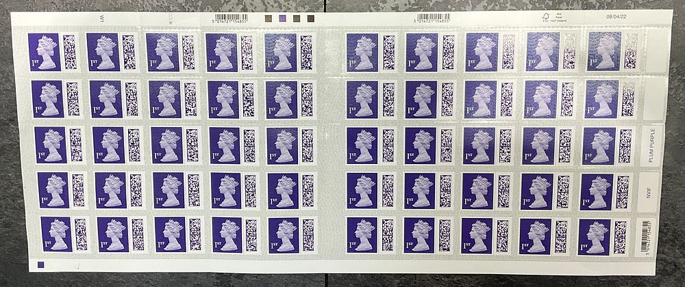 Lot 4: UK 2022 1st Class Machin Plum Purple, Barcoded Full Sheet