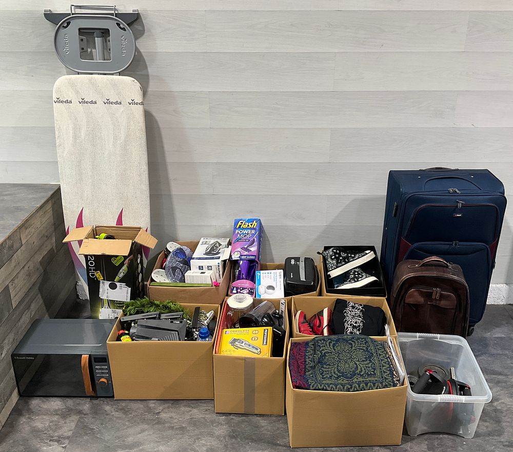 Lot 9: * Assorted Loose Goods, 7 Cartons & A Crate Containing Household Goods including a Russell Hobbs Microwave