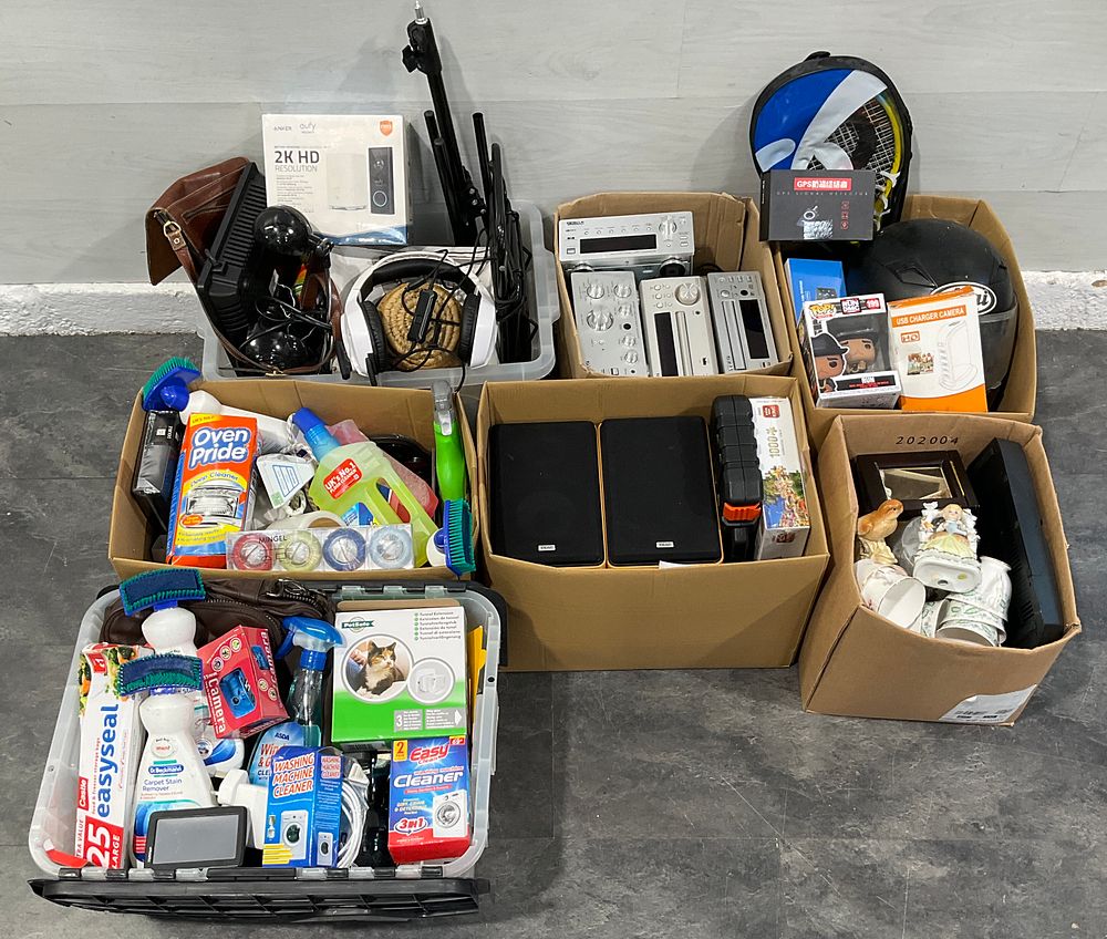 Lot 11: * 5 Cartons & 2 Crates Containing An Assortment of Household Goods including TEAC Hi-Fi Components & Eufy Security Doorbell