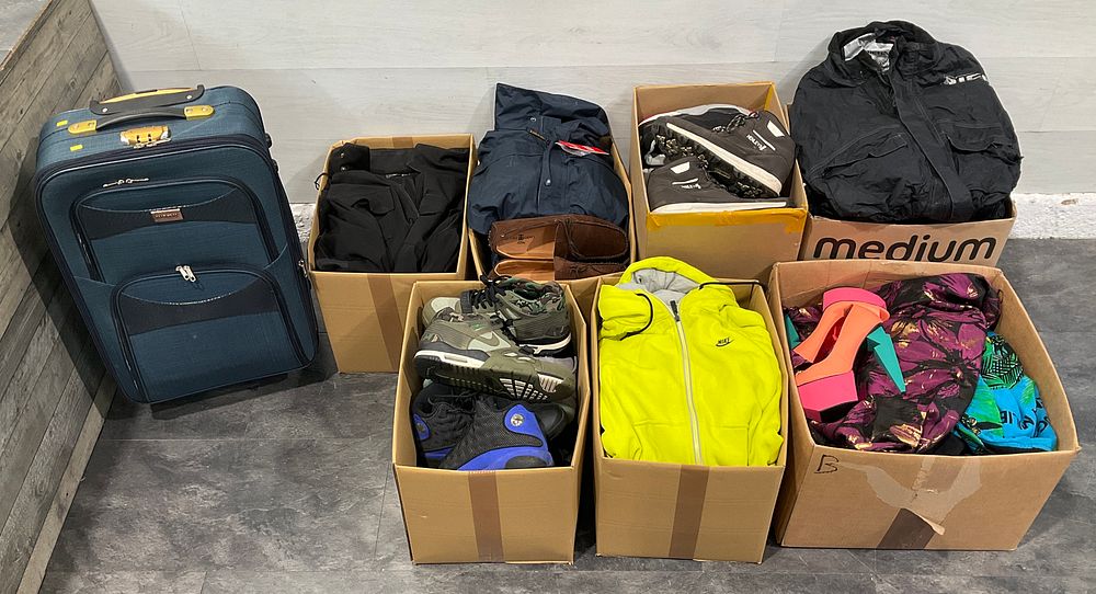 Lot 13: * 7 Cartons and a Suitcase Containing Assorted Clothing and Footwear