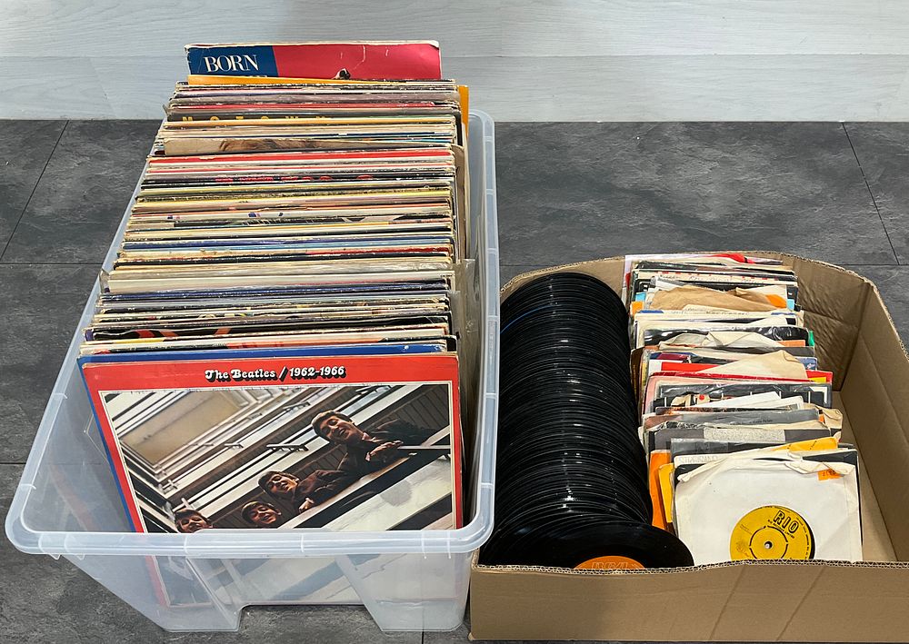 Lot 15: * A Crate and Carton Containing A Collection of Assorted Vinyl LPs and Singles including The Beatles Red and Blue Albums