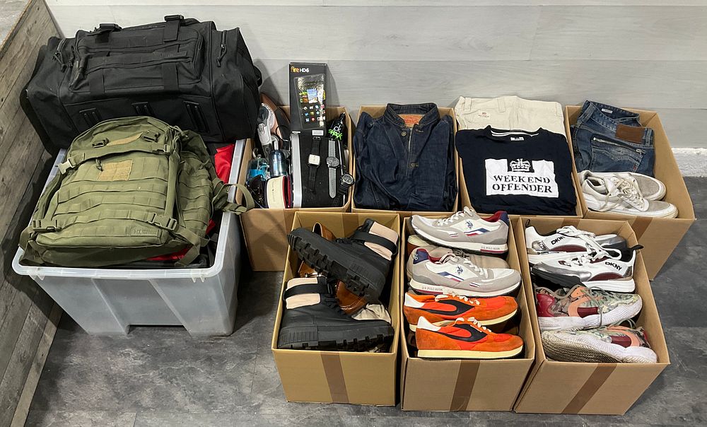 Lot 22: * 7 Cartons & A Crate Containing Assorted Clothing, Footwear & Accessories