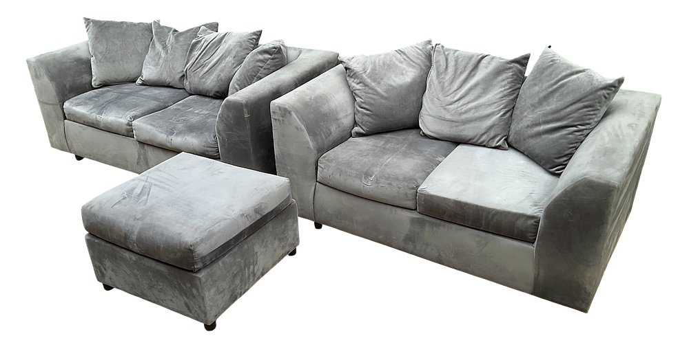 Lot 32: * A Two Piece Grey Velvet Upholstered Sofa Suite with Matching Footstool