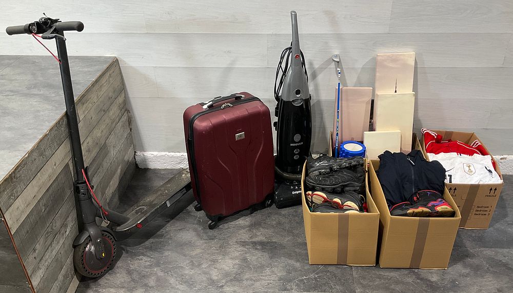 Lot 33: * A Mi Electric Scooter Pro, Hoover Upright Vacuum, Verdi Suitcase & Three Cartons Containing Assorted Goods
