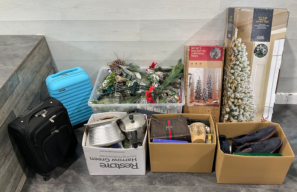 Lot 35: * 3 Cartons, a Crate & 2 Travel Cases Containing Assorted Household Goods including Christmas Trees and Suitcases
