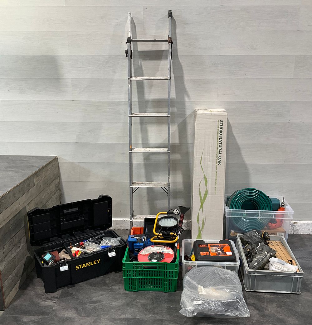 Lot 36: * 4 Crates and a Toolbox Containing Assorted Tools & Home Improvement Goods including a Youngman Combination Ladder