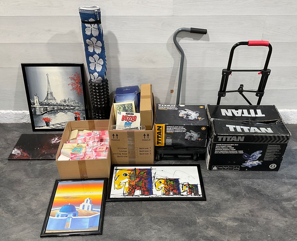 Lot 37: * An Assortment Of Loose Items & 2 Cartons Containing Household Goods including Titan Power Tools and Framed Art