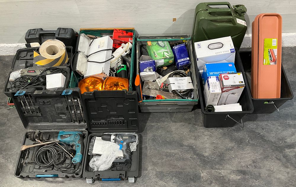 Lot 46: * 3 Crates and 2 Buckets Containing Assorted Power Tools, Automotive Parts & Household Goods including Gamma RBH-1050