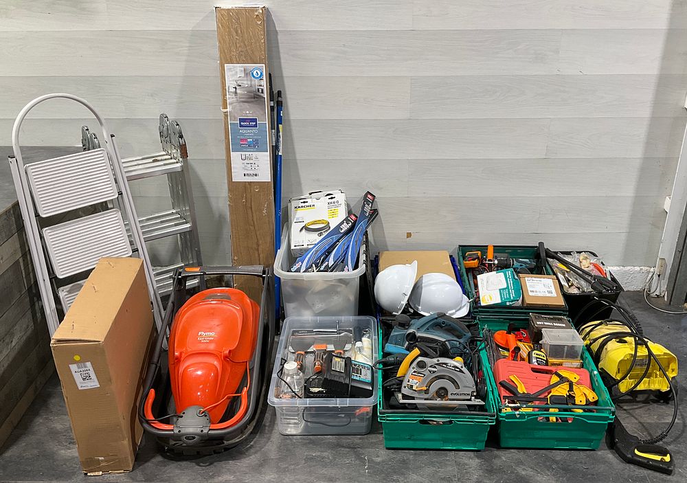 Lot 50: * 7 Crates and Loose Goods Containing An Assortment of Power Tools, Garden Equipment & Hardware including Makita Drill