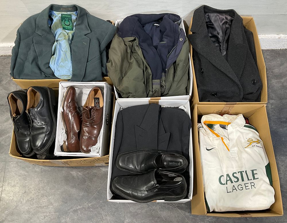 Lot 61: * 6 Cartons Containing Assorted Clothing & Footwear including a Springboks Rugby Jersey