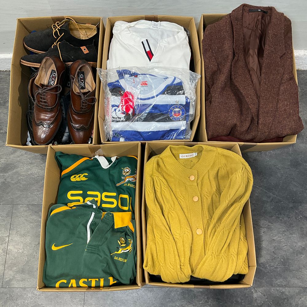 Lot 62: * 5 Cartons Containing Assorted Clothing and Footwear including Canterbury and Nike Rugby Jerseys