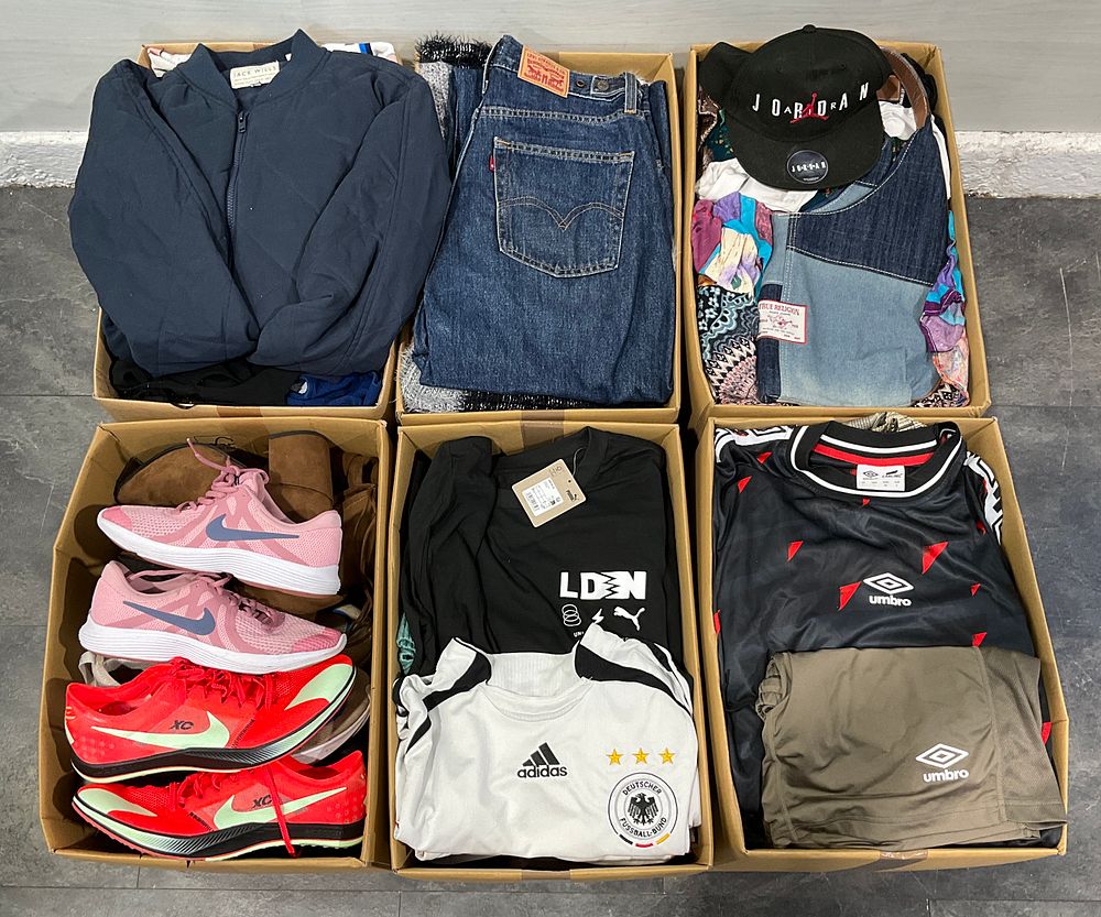 Lot 64: * 6 Cartons Containing An Assortment of Assorted Clothing and Footwear including Levi's and Adidas