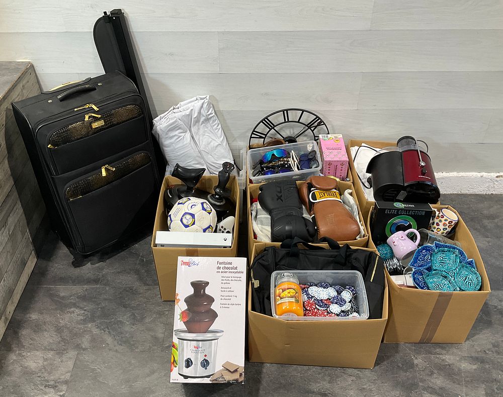 Lot 68: * A Suitcase, 6 Cartons & A Crate Containing Assorted Household Goods including Xbox One S, Juicer & Chocolate Fountain