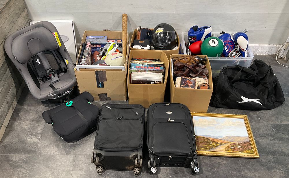 Lot 69: * An Assortment Of Loose Items, 4 Cartons and a Crate Containing Household Goods