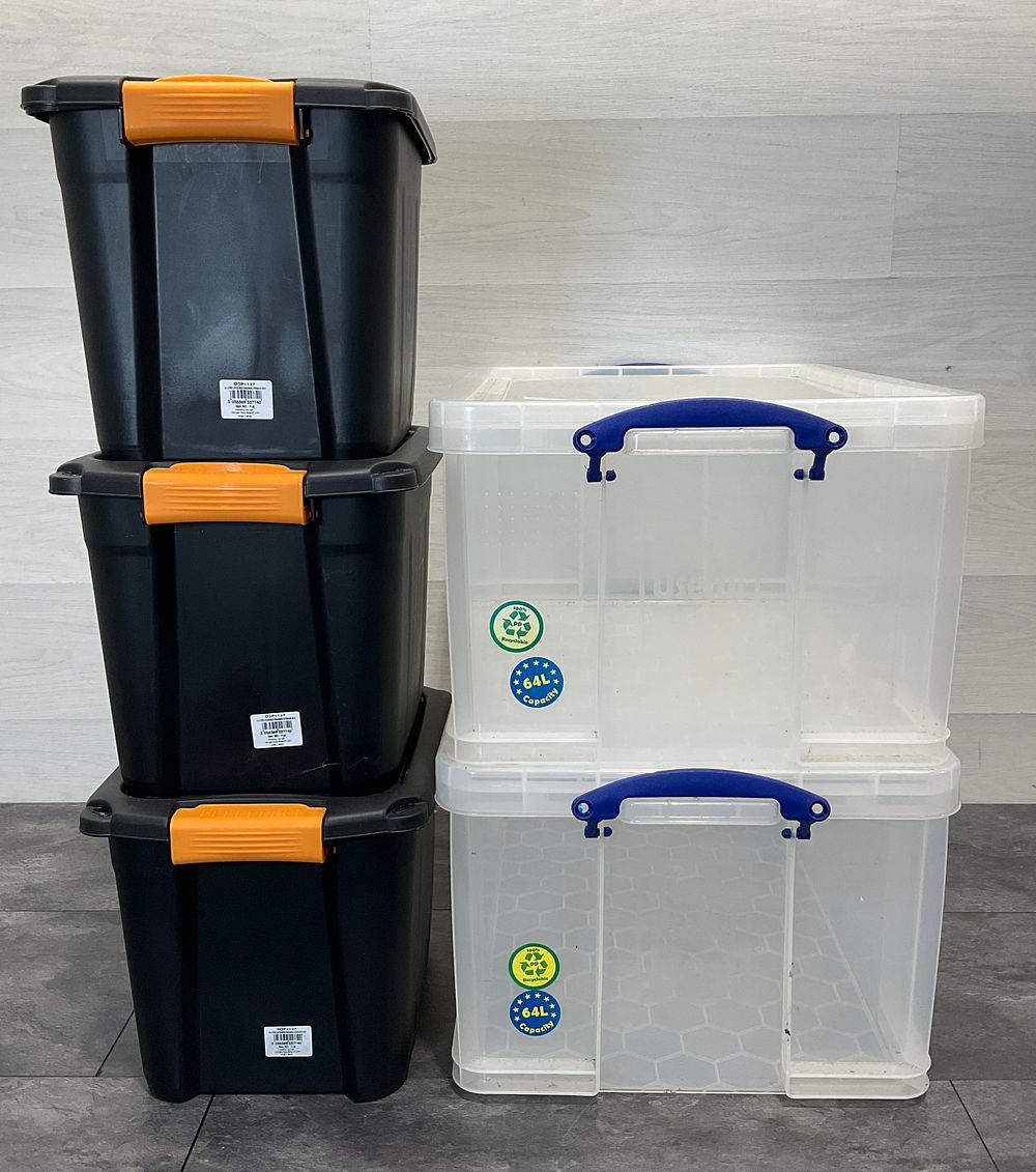 Lot 74: * An Assortment of Household Storage Boxes including Really Useful Box 64L