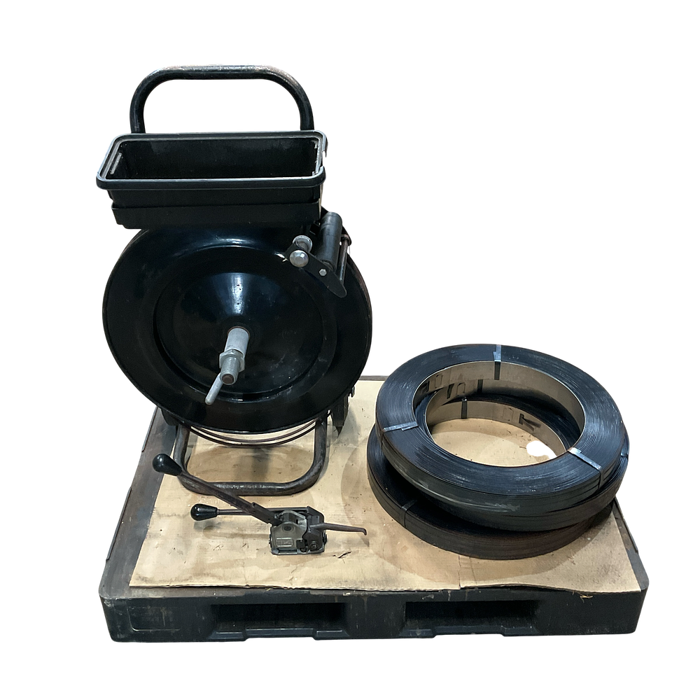 Lot 85: A Teknika MUL-20 Sealless Combination Steel Strapping Tool with Dispenser and Coils