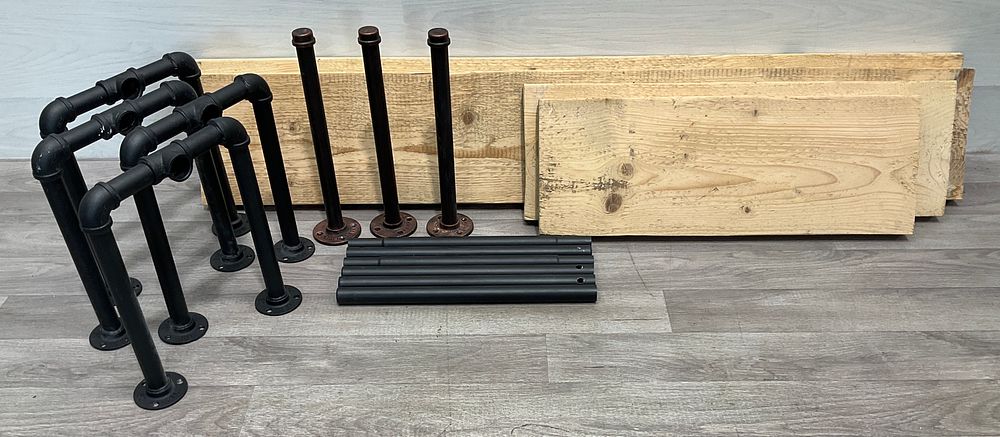 Lot 93: * An Assortment of Industrial Style Pipe Shelving Components and Wood Planks