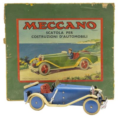 Meccano Race Car. English, Circa 1935, 11.5" L A superior and bright example in blue, red and 