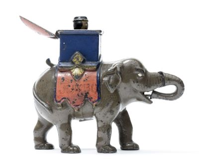 Elephant with Howdah Iron Mechanical Bank. Unknown Maker American 1885 This is a scarce gray 