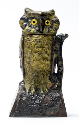 Owl Turns Head - Yellow Iron Mechanical Bank. J. &amp; E. Stevens Cromwell, CT - 1880 Pristine 