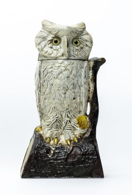 Owl Turns Head - White Iron Mechanical Bank. J. &amp; E. Stevens Cromwell, CT - 1880. This is an 