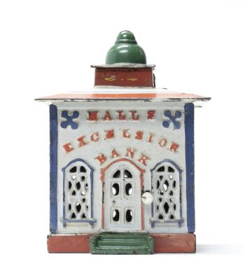 Patriotic Hall's Excelsior Iron Mechanical Bank. J. &amp; E. Stevens Cromwell, CT - 1870's This 