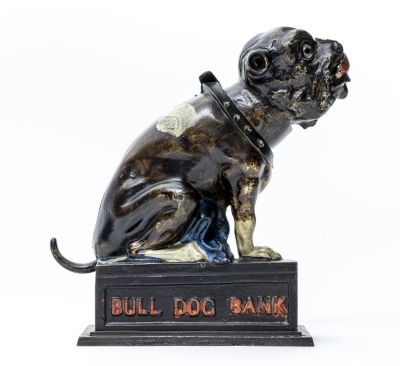 Bulldog Iron Mechanical Bank. J. &amp; E. Stevens - Cromwell, CT - 1880's Pristine Condition.
