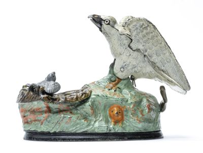 Eagle & Eaglets - Green Base Iron Mechanical Bank. J. &amp; E. Stevens Company Cromwell, CT - 