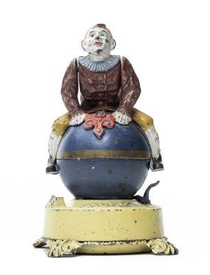 Clown on Globe Iron Mechanical Bank. J. &amp; E. Stevens Cromwell, CT - Early 1890s Excellent 