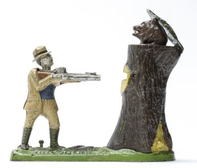 Teddy and the Bear Iron Mechanical Bank. J. &amp; E. Stevens Cromwell, CT - 1907 Excellent Condition