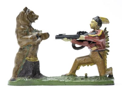 Indian and the Bear Iron Mechanical Bank. J. &amp; E. Stevens Cromwell, CT - 1885 A 