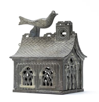Bird on Roof Iron Mechanical Bank. J. &amp; E. Stevens Cromwell, CT - 1870's Excellent Condition
