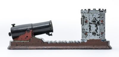 Octagonal Fort Iron Mechanical Bank. Unknown Manufacturer American - 1880's Very Fine Condition