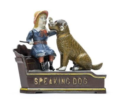 Speaking Dog - Blue Dress Iron Mechanical Bank. J. &amp; E. Stevens Cromwell, CT - 1895 A 
