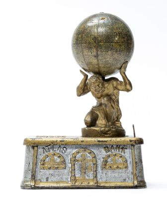 Atlas Iron Mechanical Bank. Unknown Manufacturer American - 1890's Excellent Condition