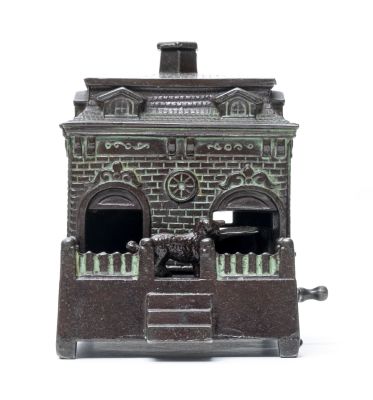 Dog on Turntable Iron Mechanical Bank. H. L. Judd Co. Wallingford, CT - 1895. Near Mint Condition