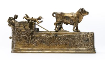 Bull Tosses Boy in Well Mechanical Bank. Not a Production Bank. American - 1890's. Some 